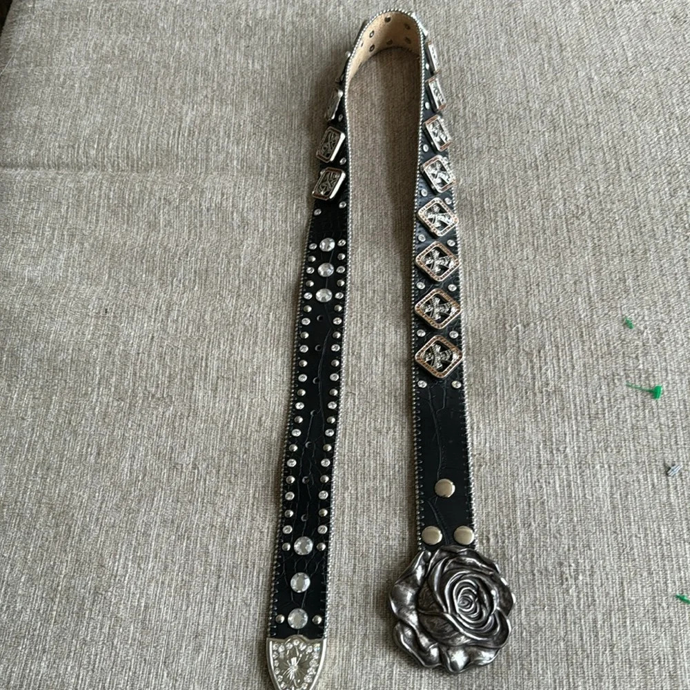 Montana West Black Western Studded Belt with Floral Buckle